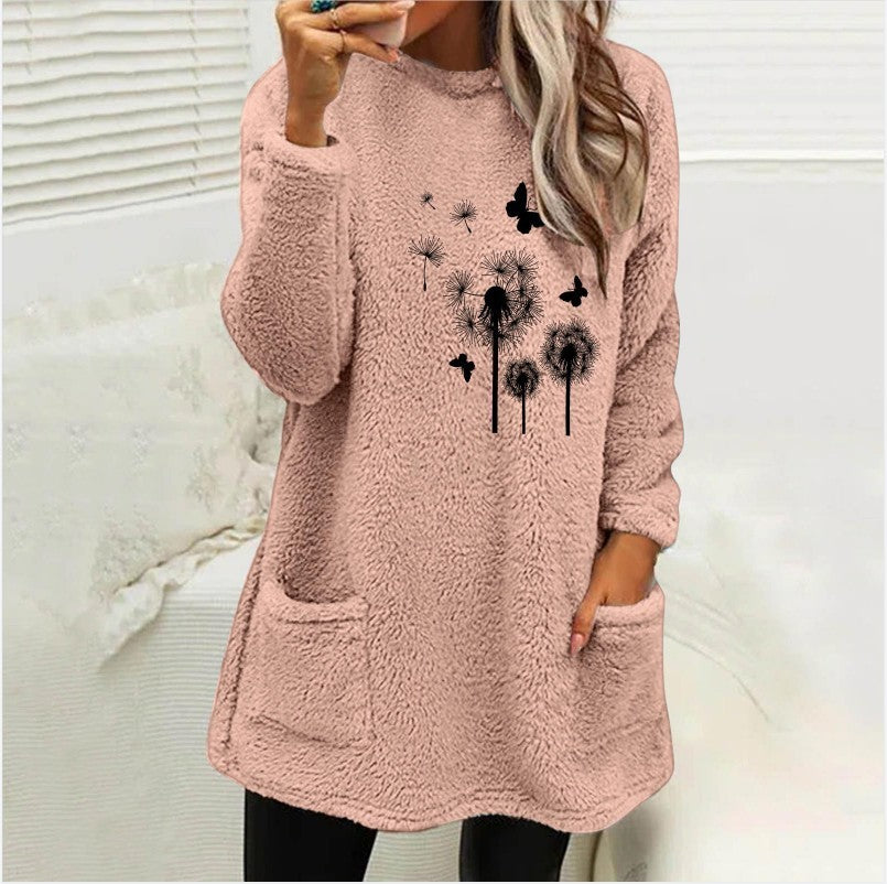 European And American Women's Round Neck Pullover Long Sleeve Pocket Embossed Double-sided Velvet Sweatshirt