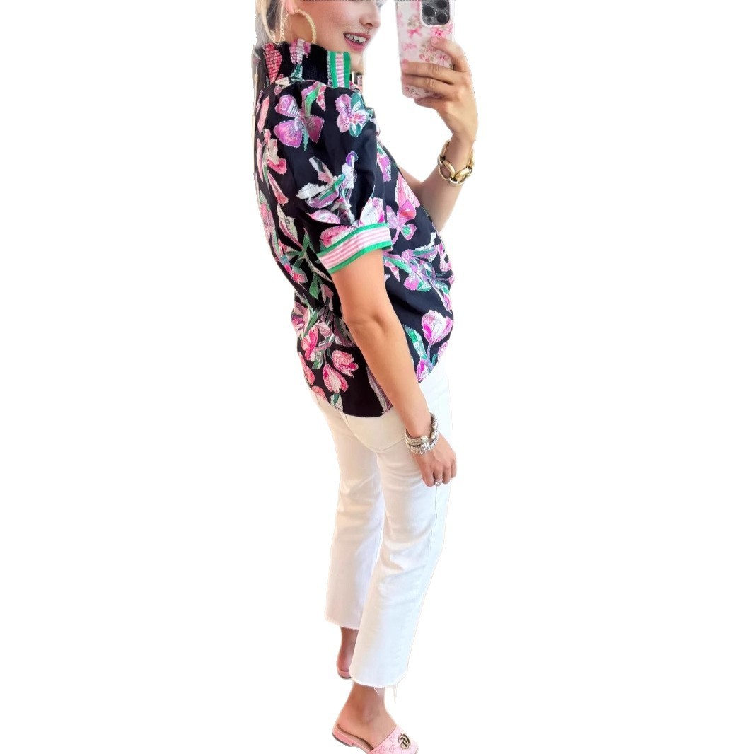 European And American Leisure Fashion Leopard Print Contrast Color Ruffled Short Sleeves